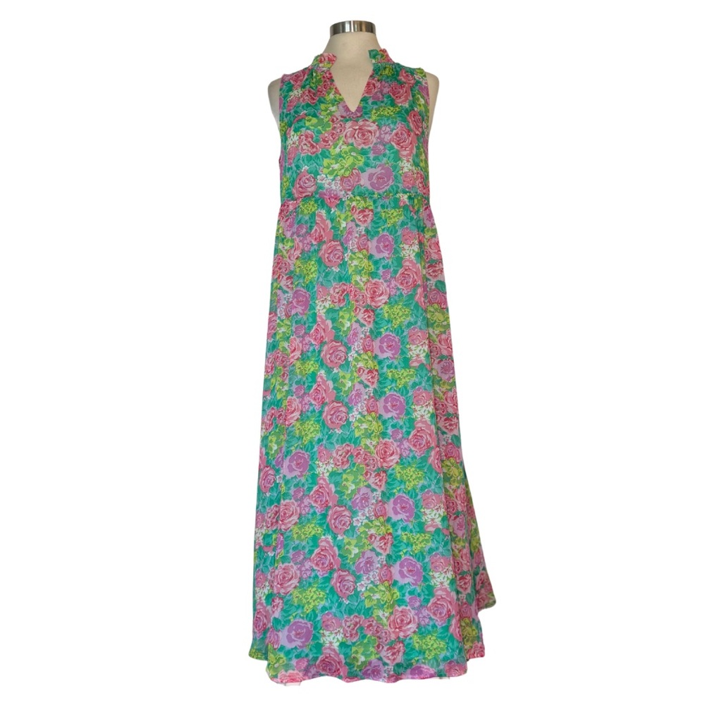 Bumblebee Midi Maxi Dress Sleeveless V-Neck Floral Green Pink S